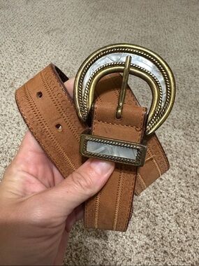 Leather Accent Belt with Brass Buckle - Tan